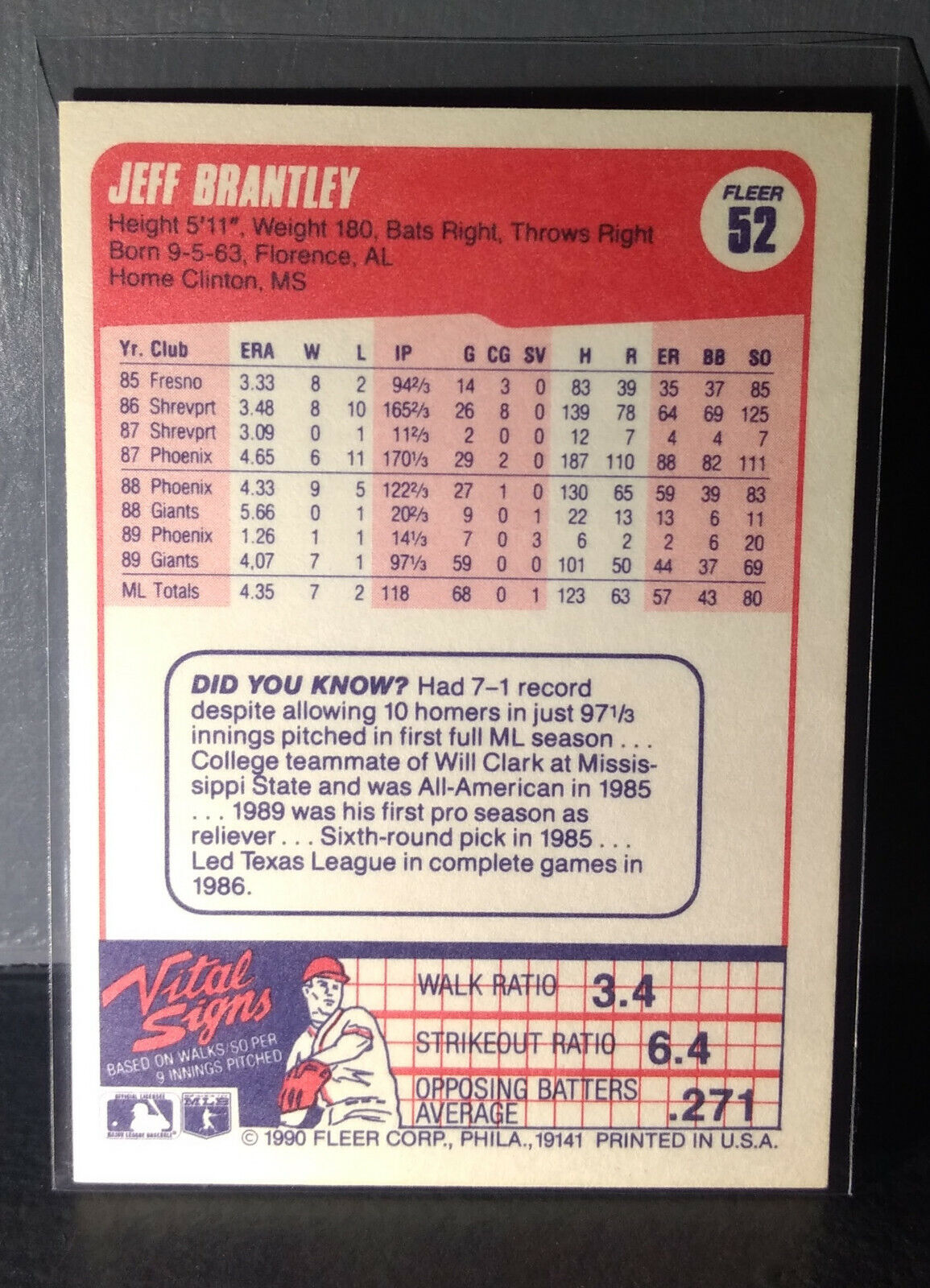 1990 Jeff Brantley Fleer Baseball Card #52