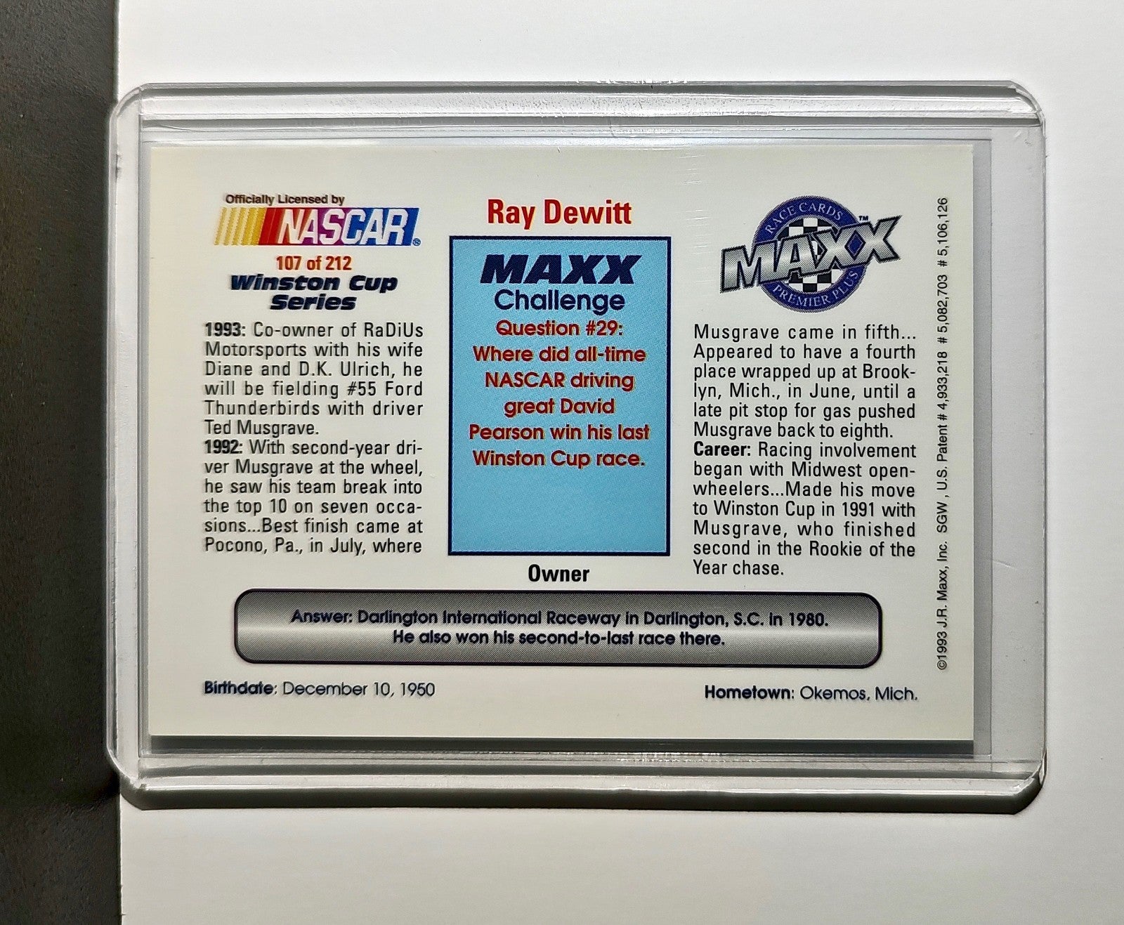 Ray DeWitt 1993 Maxx Premier Plus Racing #107 NASCAR Card RaDiUs Motorsports