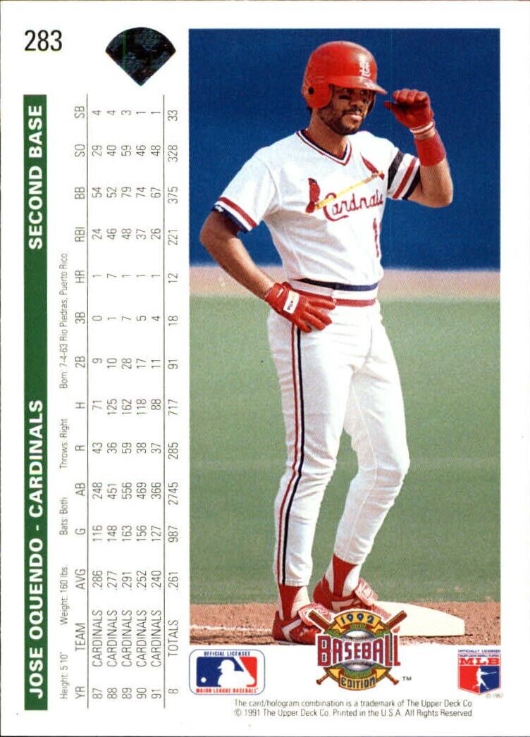 Jose Oquendo 1992 Upper Deck MLB #283 Baseball Card St. Louis Cardinals