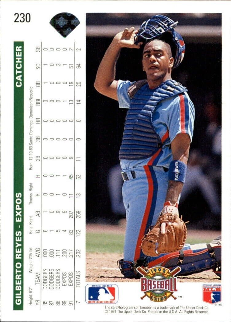 Gilberto Reyes 1992 Upper Deck MLB #230 Baseball Card Montreal Expos