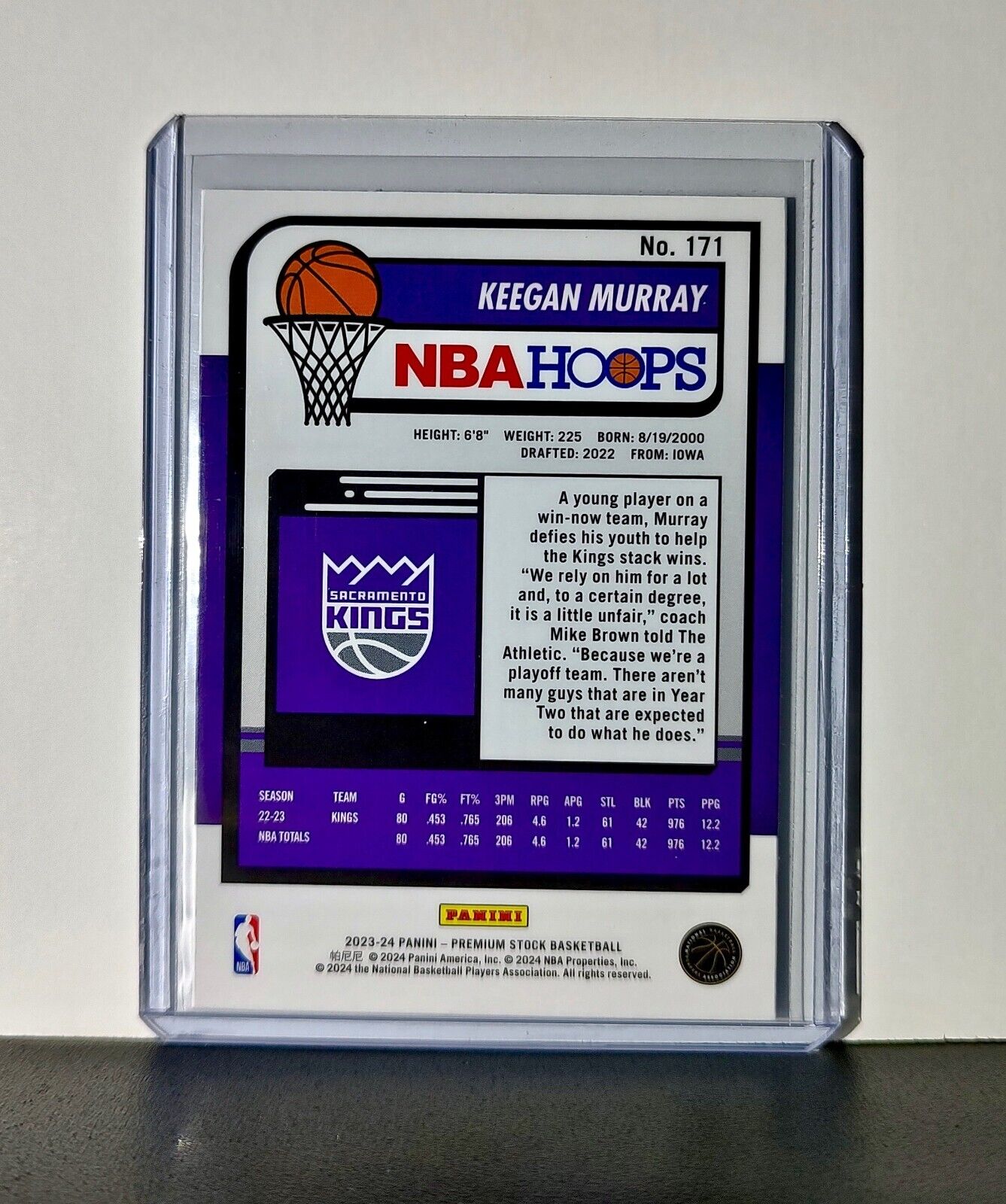 Keegan Murray 2023-24 Panini Premium Stock NBA Hoops #171 Card Sacramento Kings