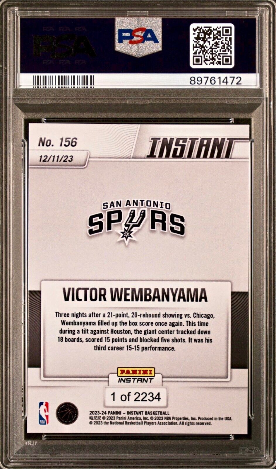 Victor Wembanyama 2023-24 Panini #156 NBA Rookie Basketball Card 1 of 2234 PSA 9