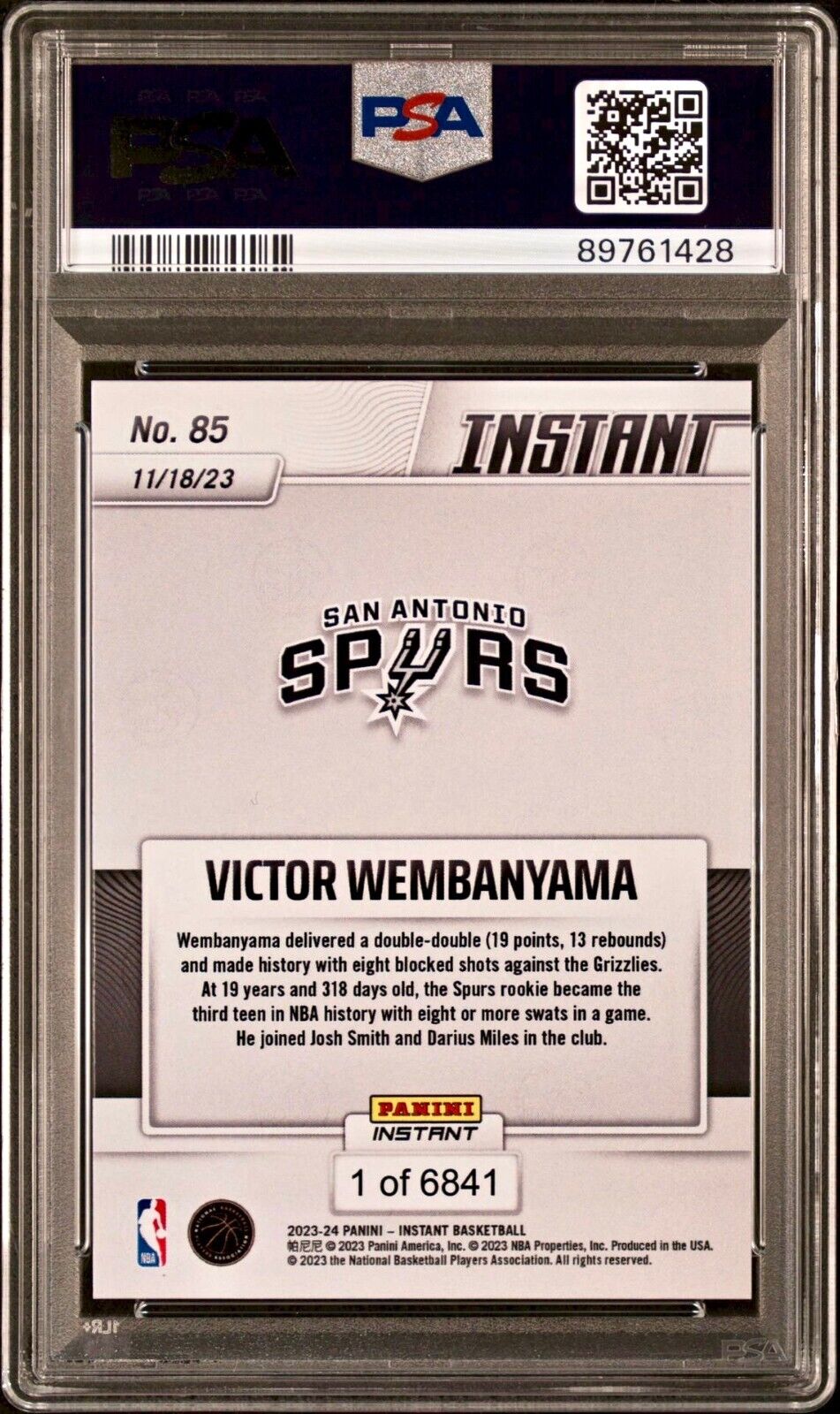 Victor Wembanyama 2023-24 Panini #85 NBA Rookie Card Spurs 1 of 6841 PSA 9 Mint