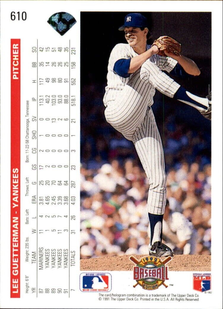 Lee Guetterman 1992 Upper Deck MLB #610 Baseball Card New York Yankees