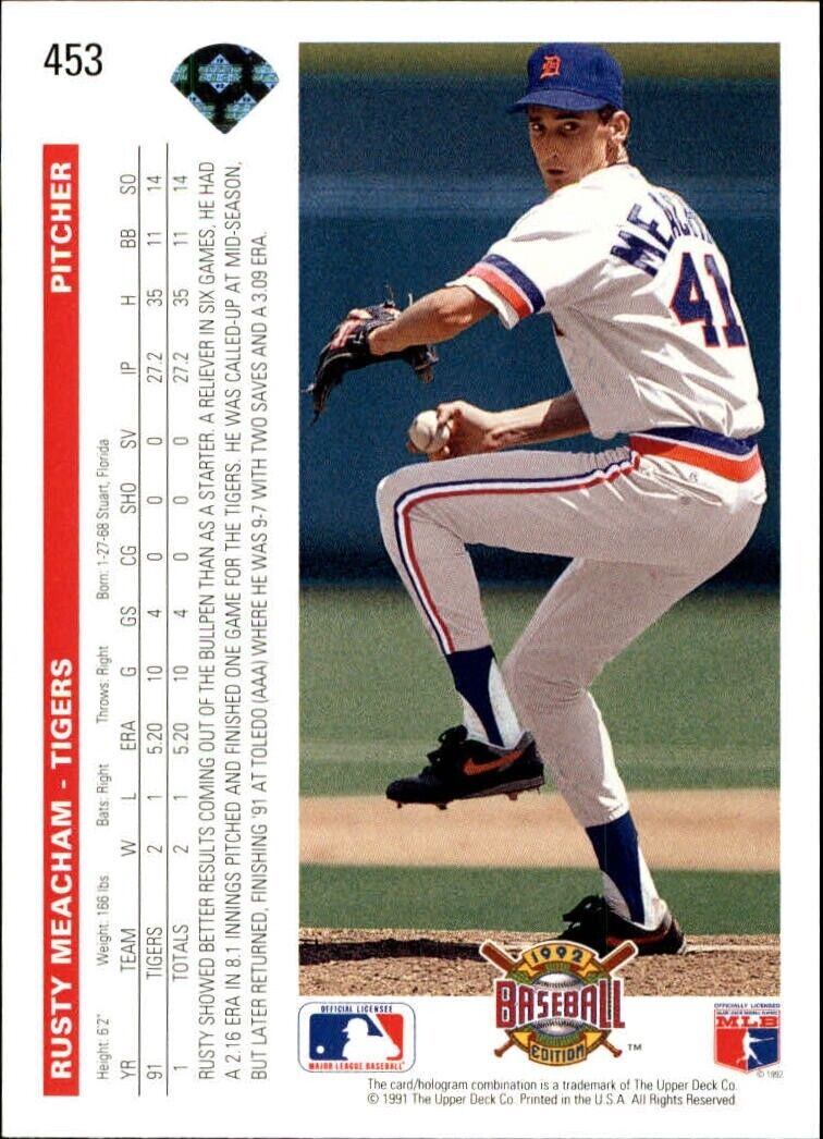 Rusty Meacham 1992 Upper Deck MLB #453 Baseball Card Detroit Tigers