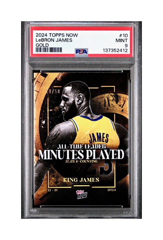 LeBron James 2024 Topps Now #10 All-Time Leader Minutes Played Gold 10/50 PSA 9