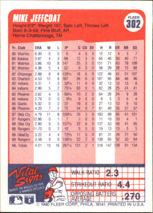 1990 Mike Jeffcoat Fleer Baseball Card #302