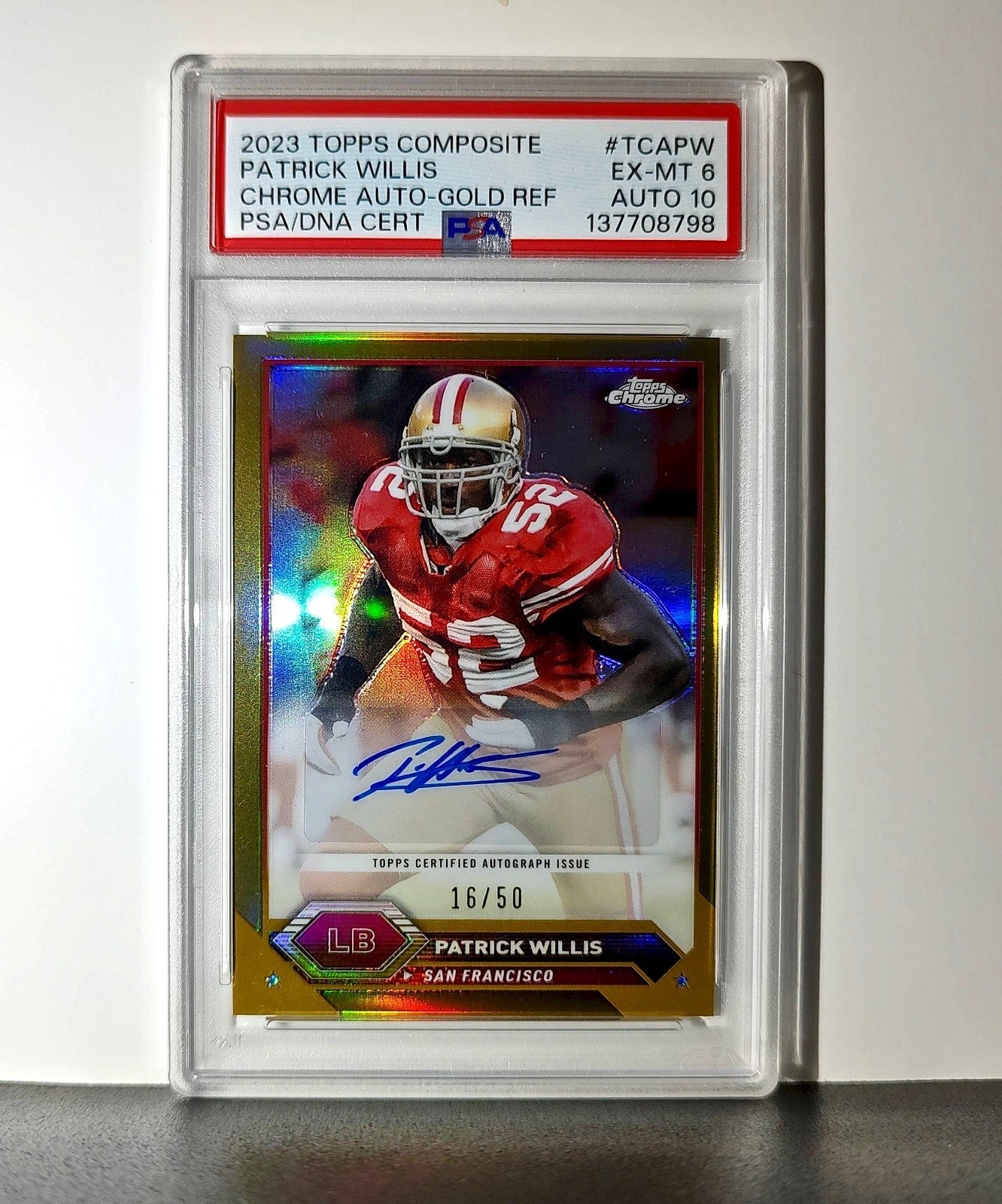 Patrick Willis 2023 Topps Chrome #TCA-PW Gold Refractor 16/50 PSA 6 Auto 10
