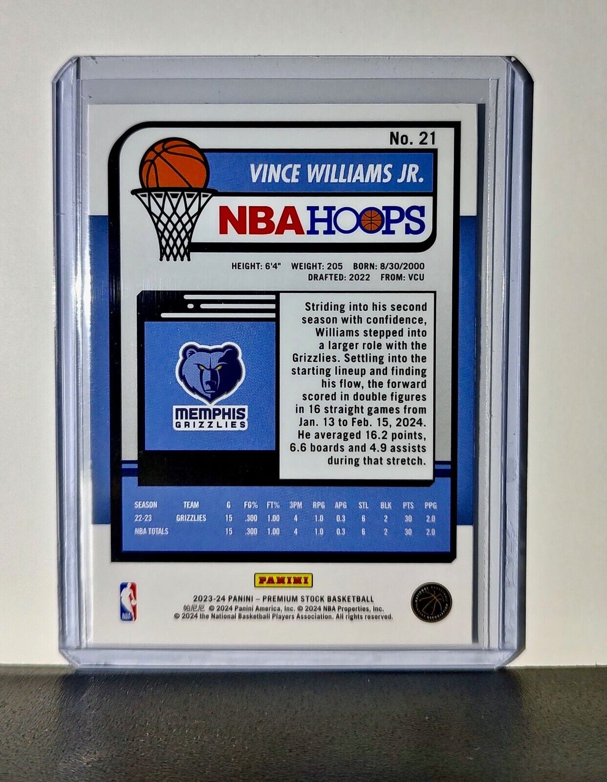 Vince Williams Jr. 2023-24 Panini Premium Stock NBA Hoops #21 Card Grizzlies