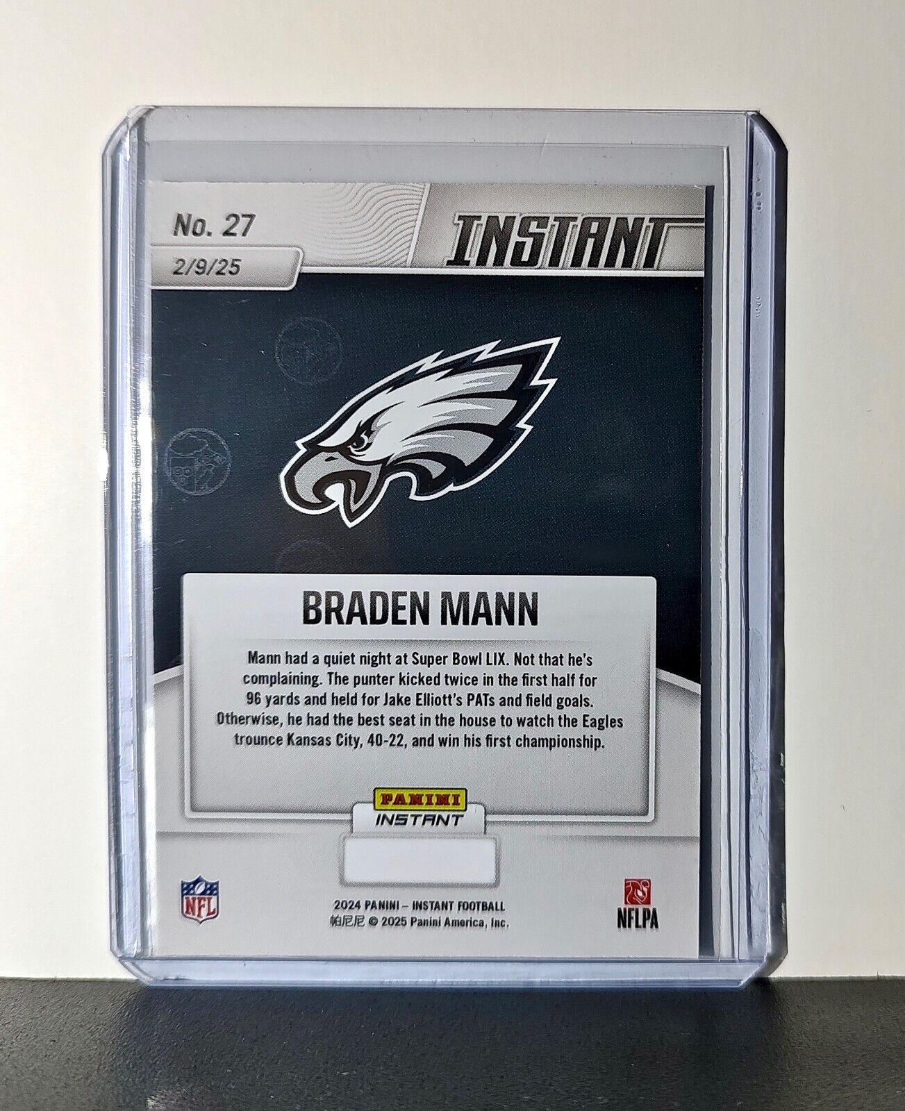 Braden Mann 2024 Panini Super Bowl LIX Champions NFL #27 Football Card Eagles