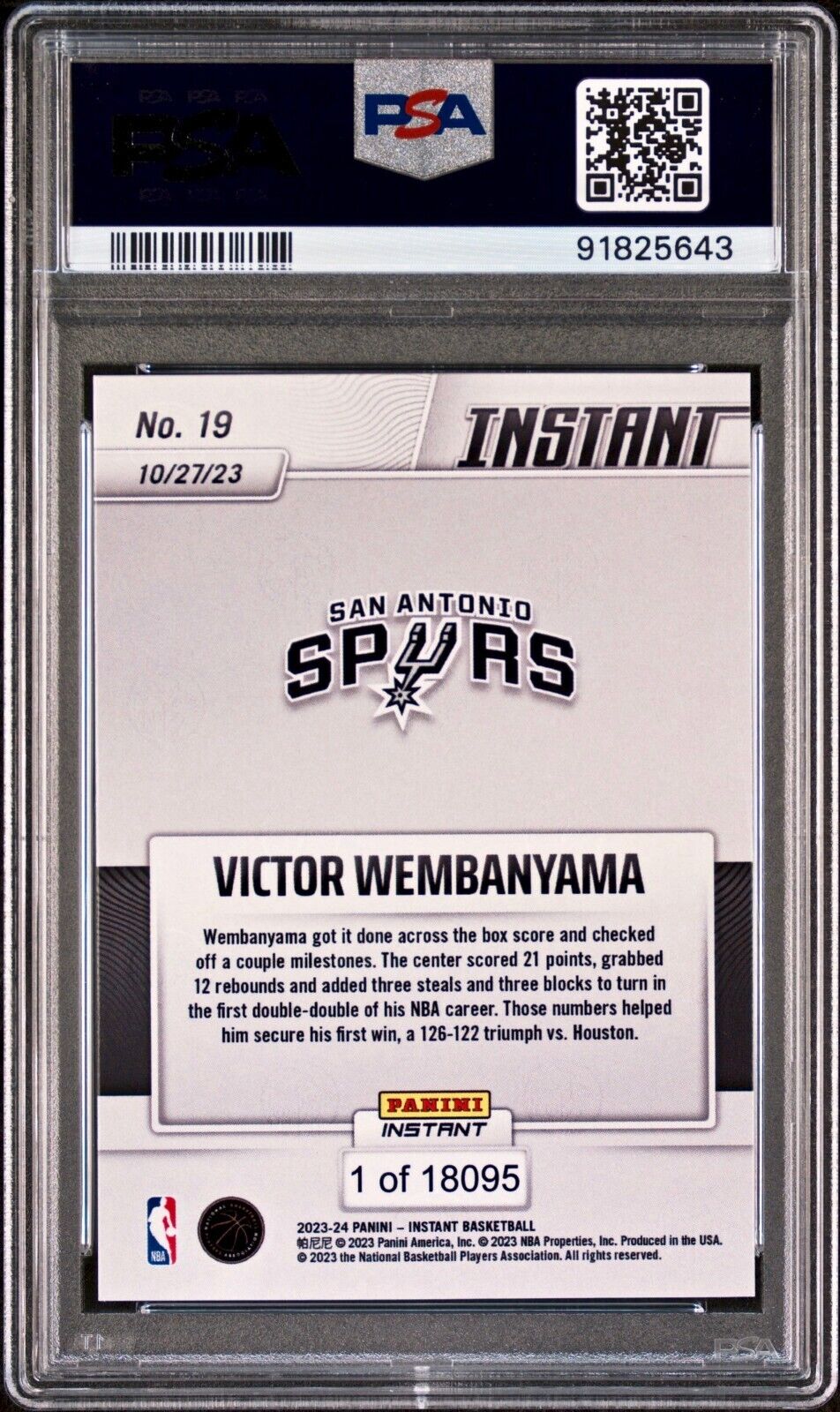 Victor Wembanyama 2023-24 Panini #19 NBA Rookie Card Spurs 1 of 18095 PSA 9 Mint