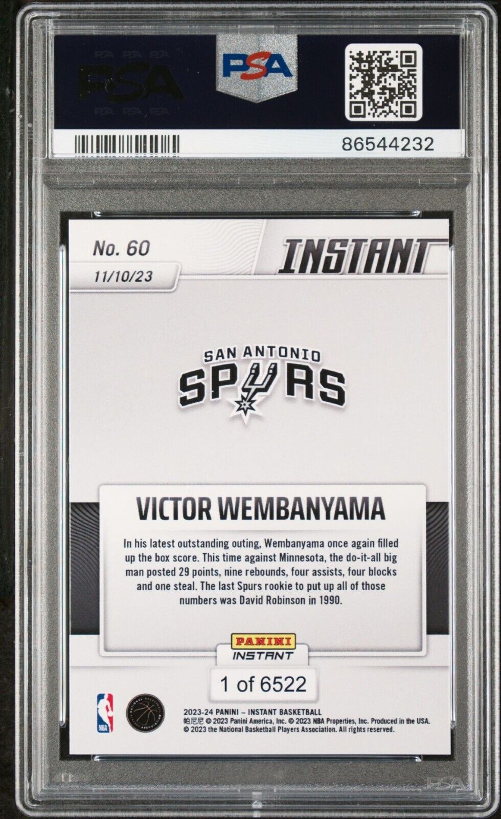 Victor Wembanyama 2023-24 Panini #60 NBA Rookie Card Spurs 1 of 6522 PSA 9 Mint