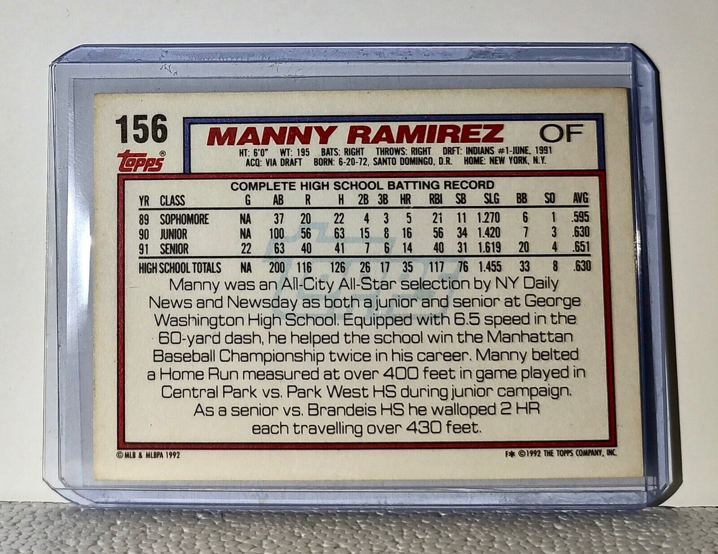 Manny Ramirez 1992 Topps MLB #156 Draft Baseball Card Cleveland Indians