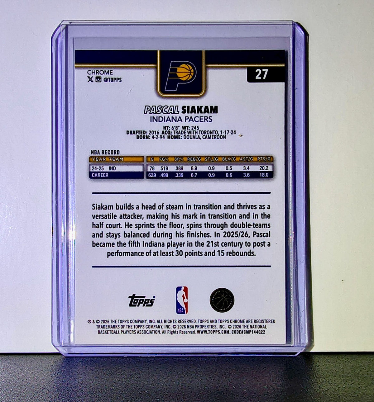 Pascal Siakam 2025-26 NBA Topps Chrome Update #27 Basketball Card Indiana Pacers