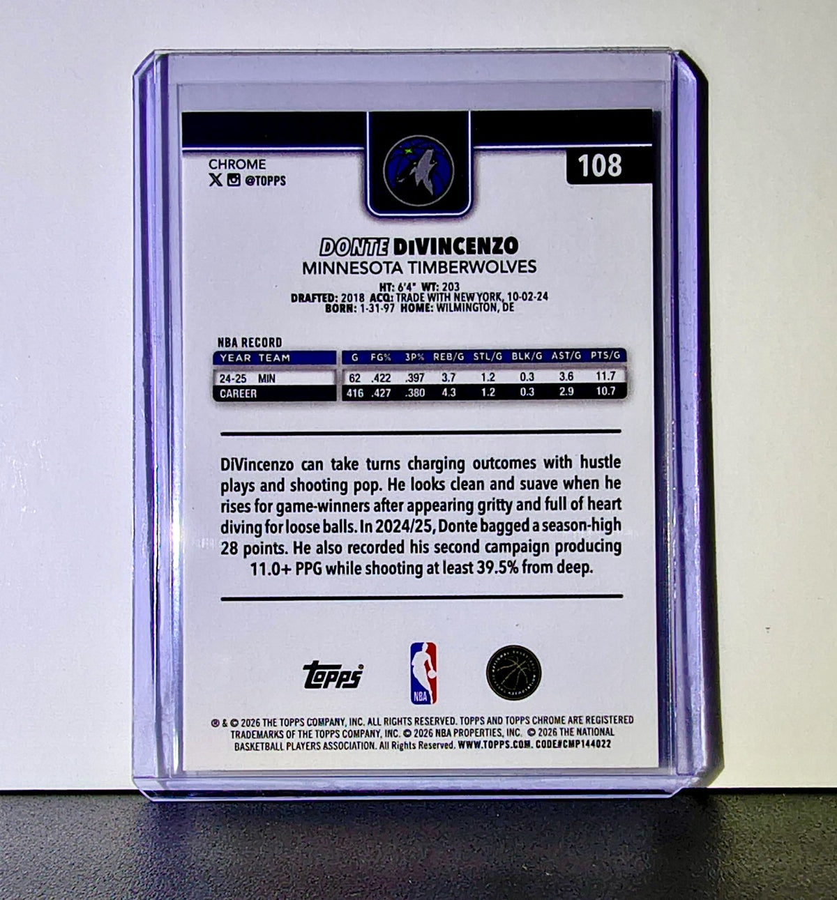 Donte DiVincenzo 2025-26 NBA Topps Chrome Update #108 Card Timberwolves