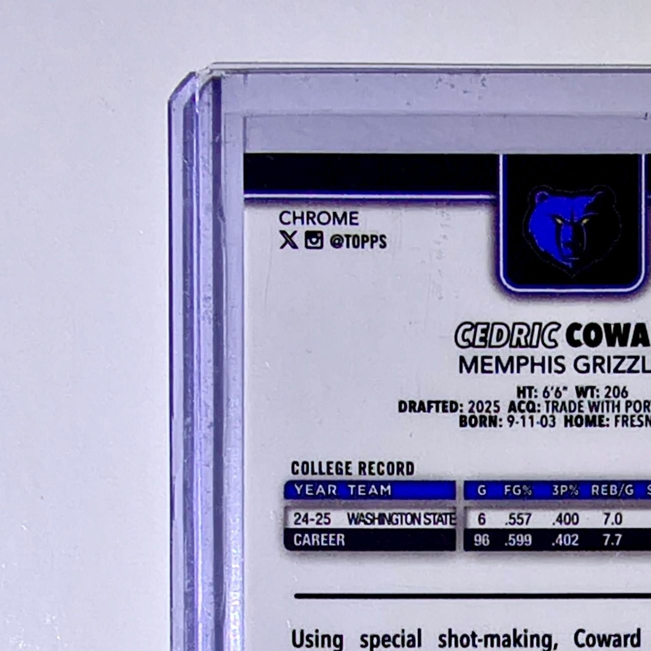 Cedric Coward Rookie 2025-26 NBA Topps Chrome Update Refractor #161 Grizzlies