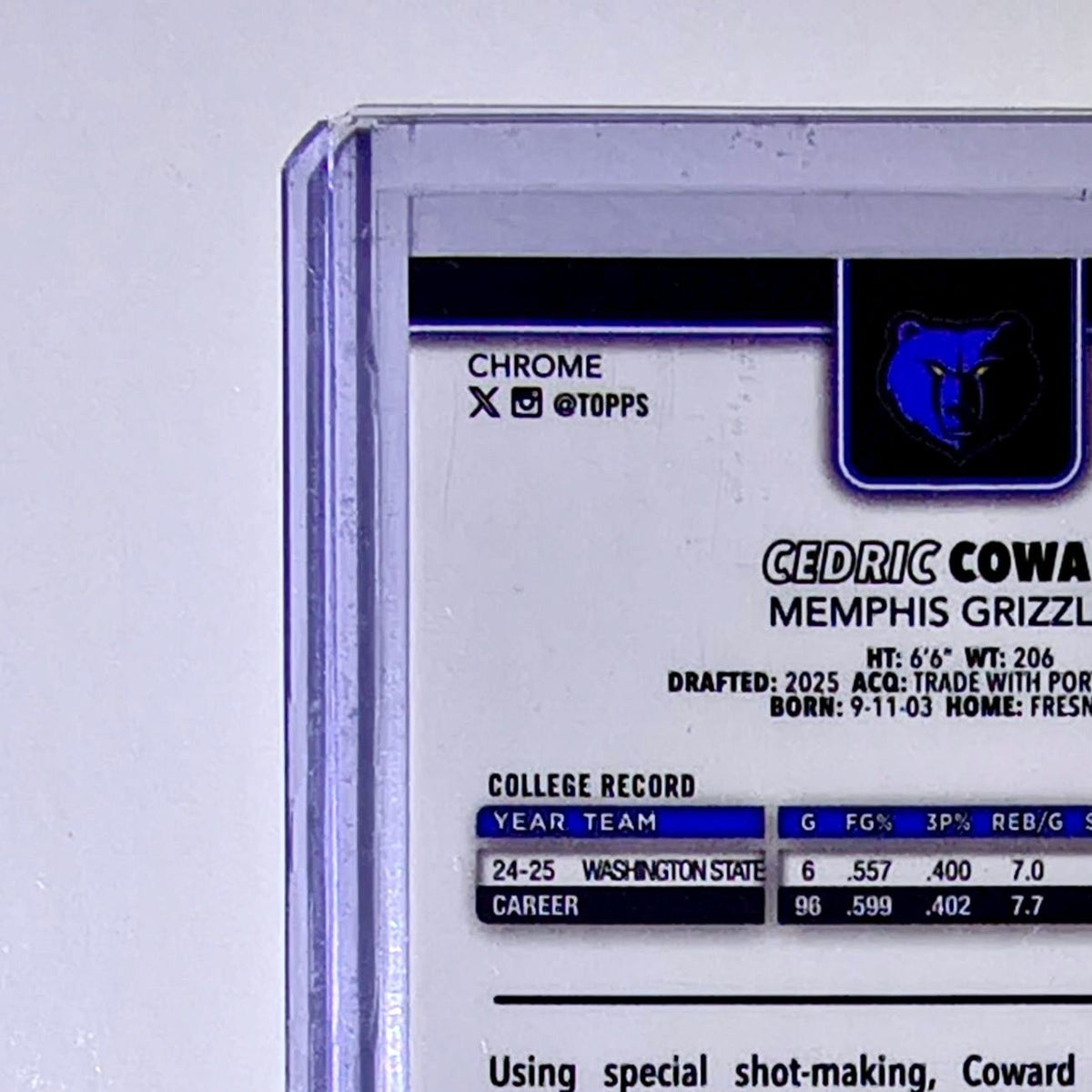 Cedric Coward Rookie 2025-26 NBA Topps Chrome Update Refractor #161 Grizzlies