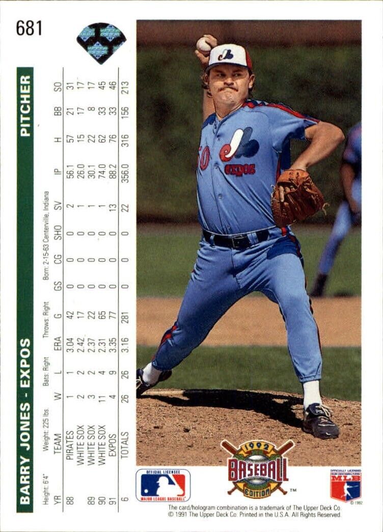 Barry Jones 1992 Upper Deck MLB #681 Baseball Card Montreal Expos