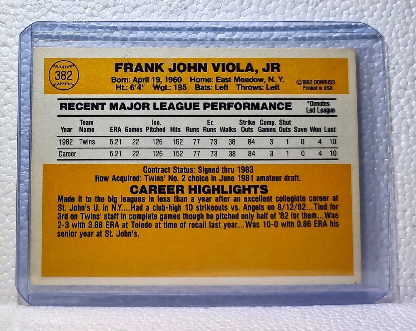 Frank Viola 1983 Donruss MLB #382 Baseball Card Minnesota Twins