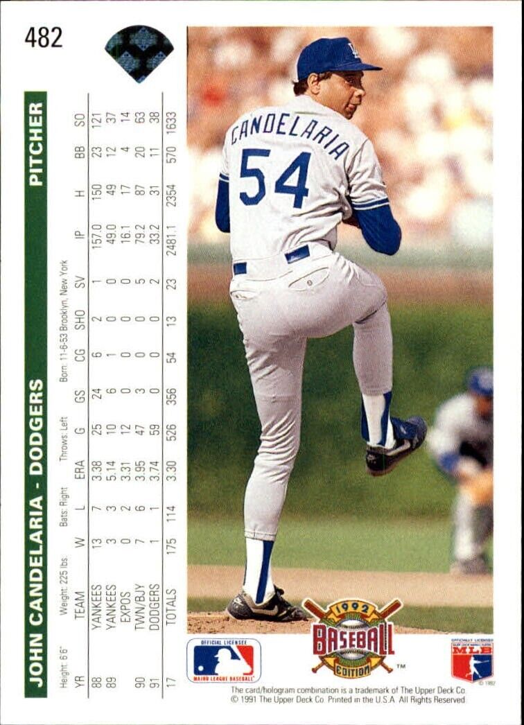 John Candelaria 1992 Upper Deck MLB #482 Baseball Card Los Angeles Dodgers