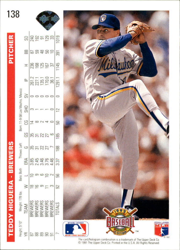 Teddy Higuera 1992 Upper Deck MLB #138 Baseball Card Milwaukee Brewers