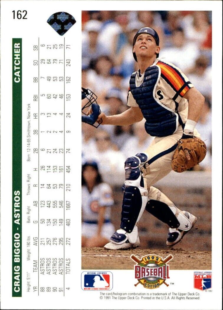 Craig Biggio 1992 Upper Deck MLB #162 Baseball Card Houston Astros