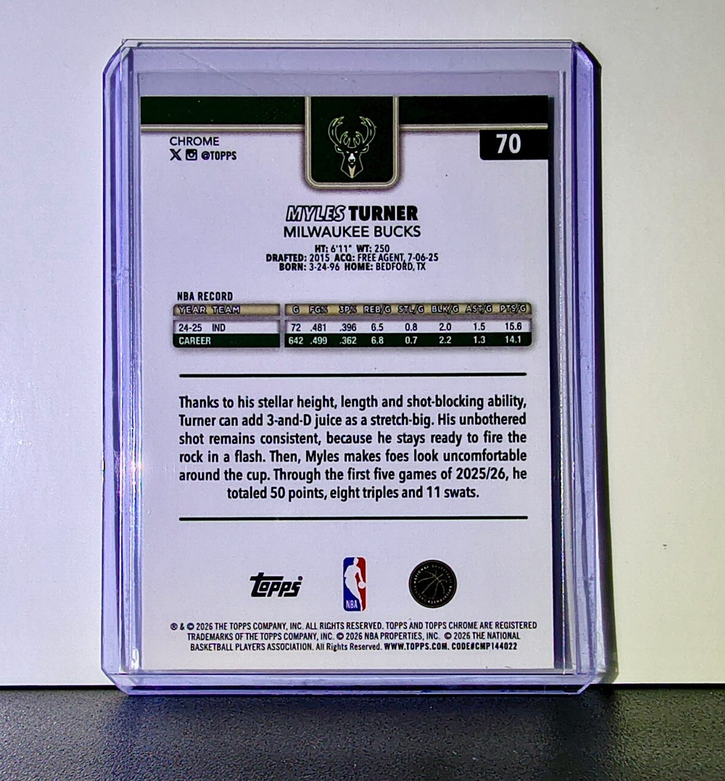 Myles Turner 2025-26 NBA Topps Chrome Update #70 Basketball Card Milwaukee Bucks