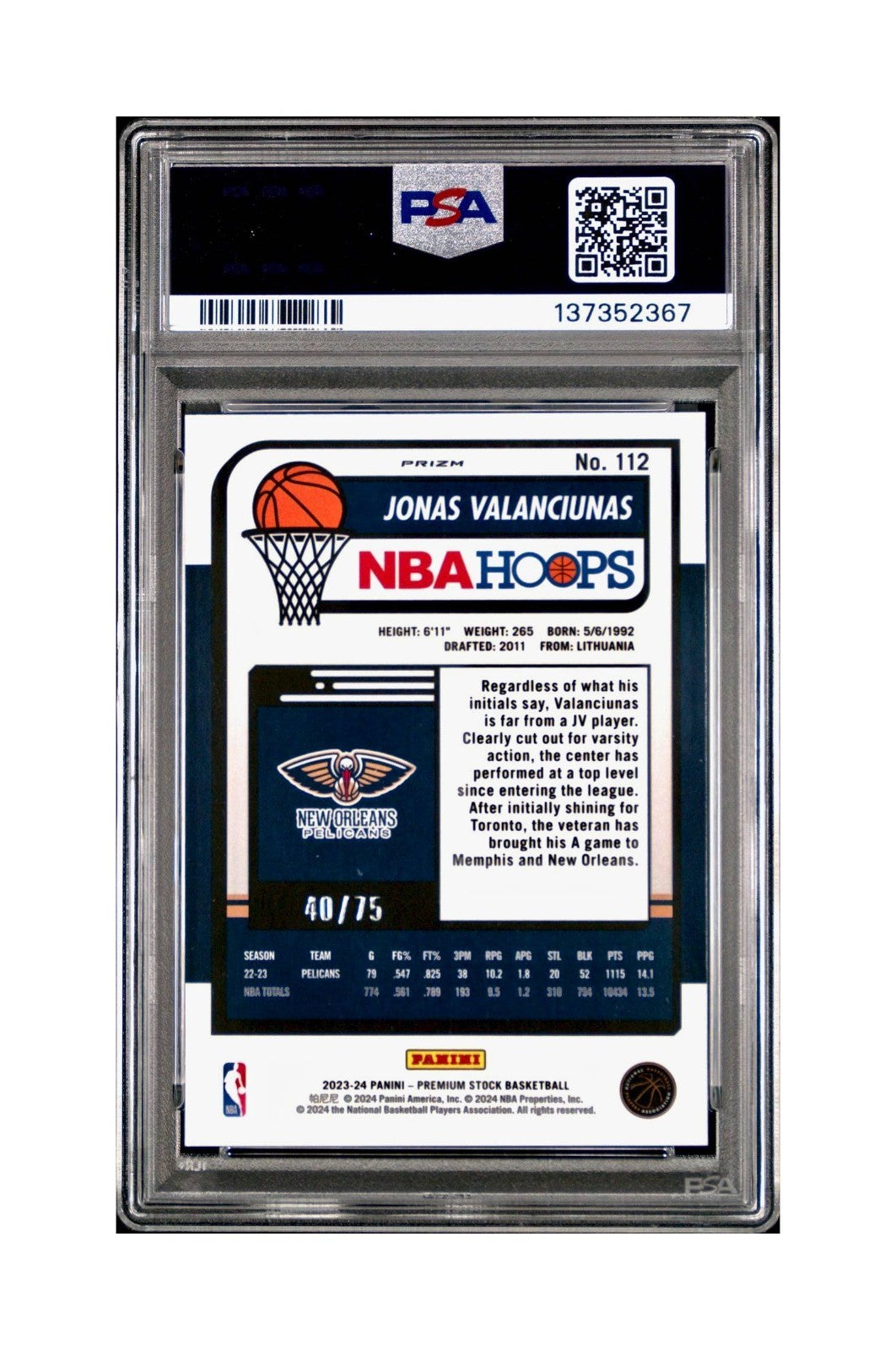 Jonas Valanciunas 2023 Panini Hoops Premium #112 40/75 Blue Pulsar PSA 10 Gem