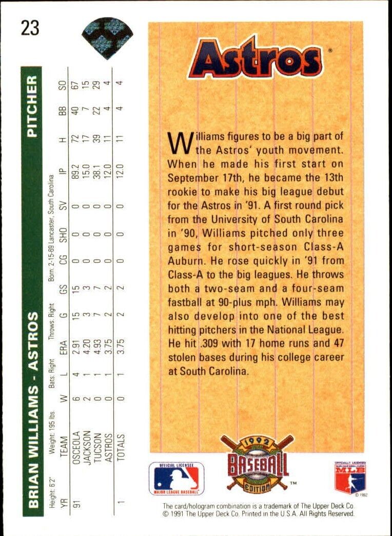 Brian Williams 1992 Upper Deck MLB #23 Rookie Baseball Card Houston Astros