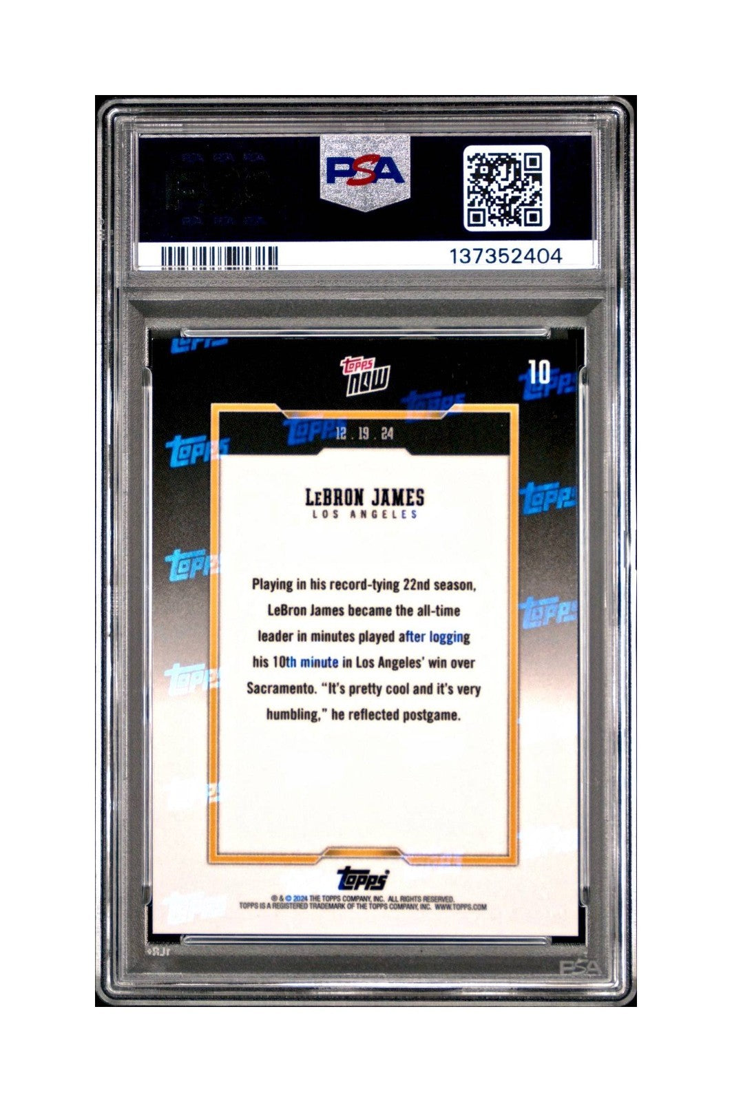LeBron James 2024 Topps Now #10 All-Time Leader Minutes Played PSA 10 Gem Mint