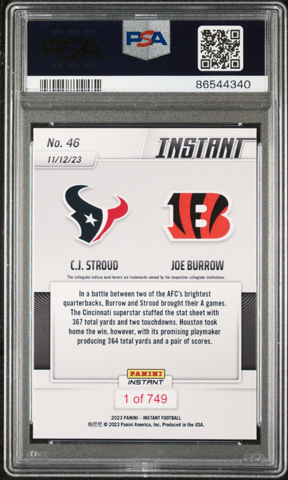 C. J. Stroud / Joe Burrow 2023 Panini NFL #46 Rookie Card 1 of 749 PSA 10 Gem