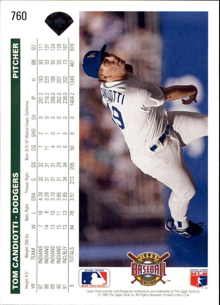 Tom Candiotti 1992 Upper Deck MLB #760 Baseball Card Los Angeles Dodgers