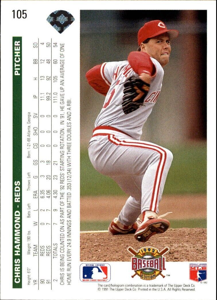 Chris Hammond 1992 Upper Deck MLB #105 Baseball Card Cincinnati Reds