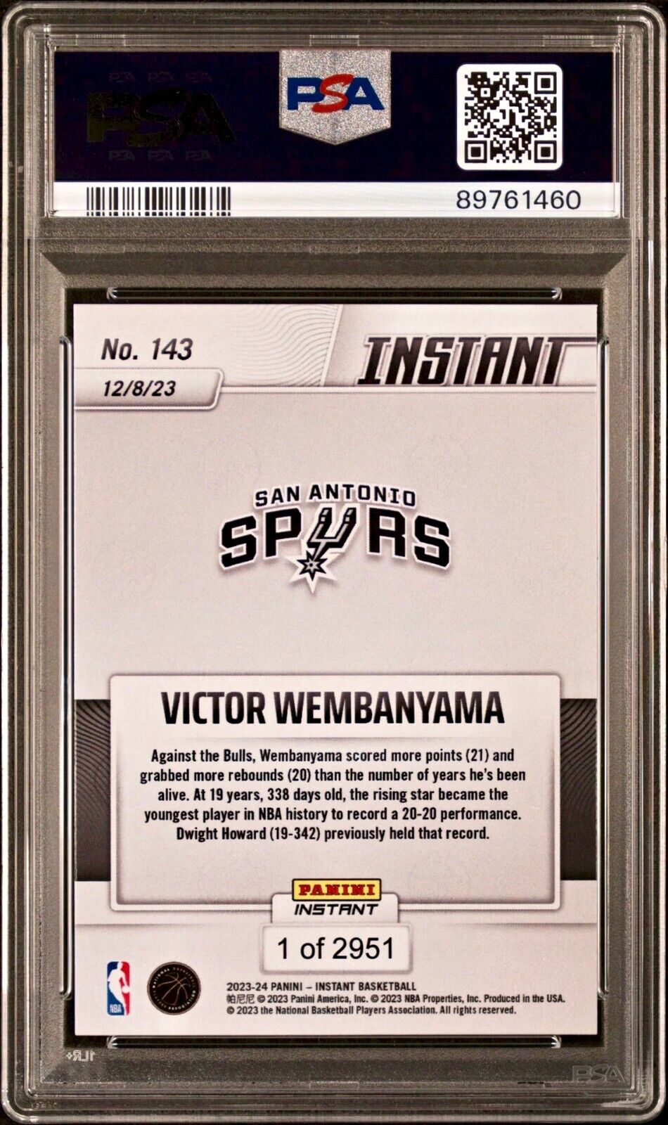 Victor Wembanyama 2023-24 Panini #143 NBA Rookie Basketball Card 1 of 2951 PSA 8