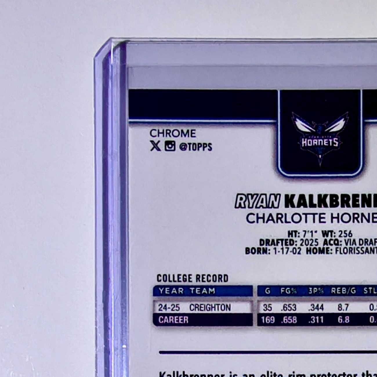 Ryan Kalkbrenner Rookie 2025-26 NBA Topps Chrome Update #184 Card Hornets