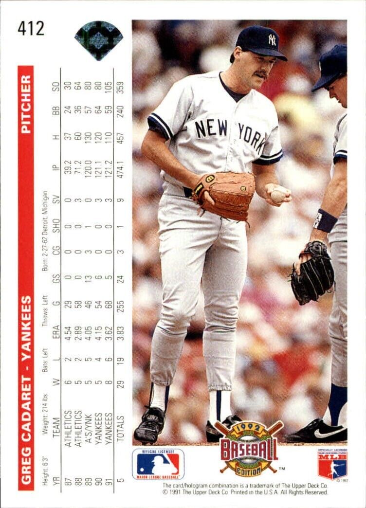 Greg Cadaret 1992 Upper Deck MLB #412 Baseball Card New York Yankees