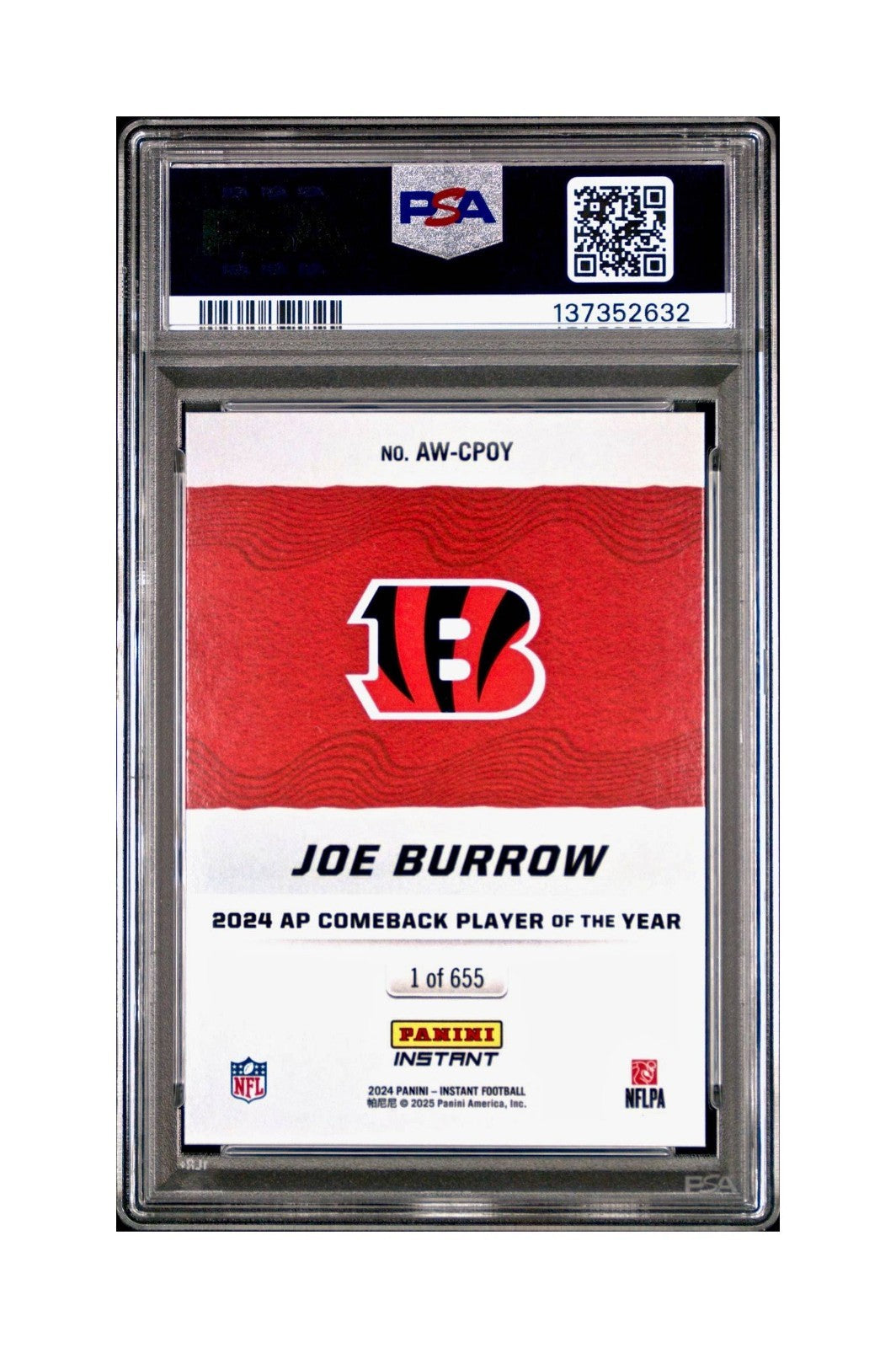 Joe Burrow 2024 Panini NFL AP Comeback Player of the Year Bengals PSA 9 Mint