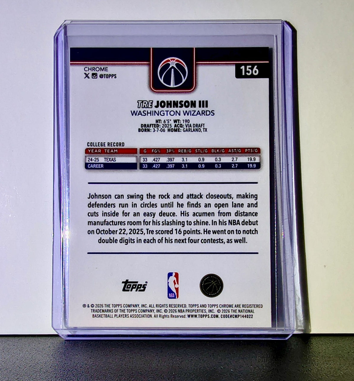 Tre Johnson III Rookie 2025-26 NBA Topps Chrome Update #156 Card Wizards