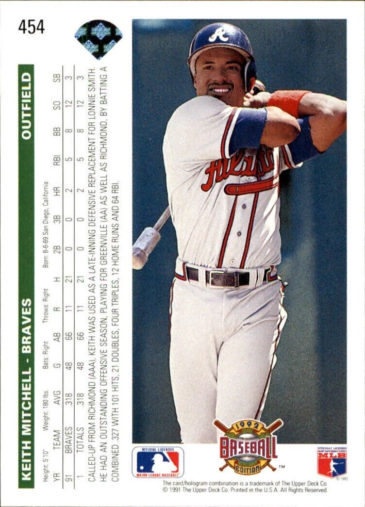 Keith Mitchell 1992 Upper Deck MLB #454 Baseball Card Atlanta Braves