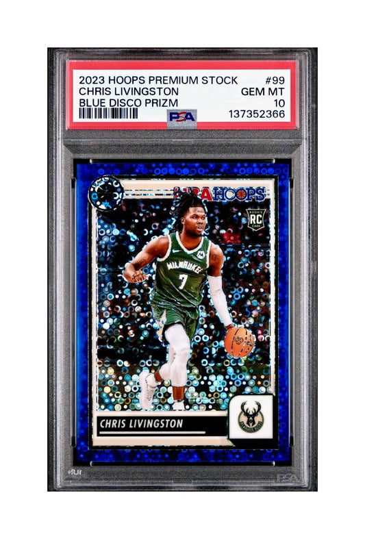 Chris Livingston 2023 Panini Hoops Premium #99 93/99 Blue Disco Prizm PSA 10 Gem