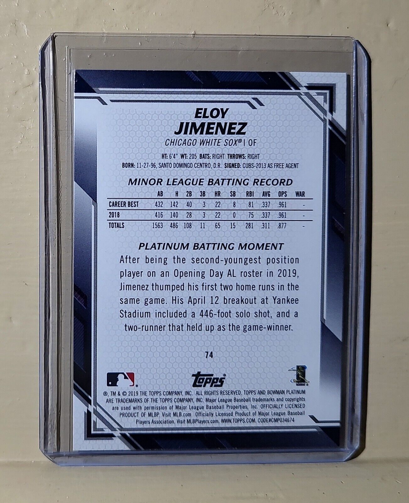 Eloy Jimenez 2019 Topps Bowman Platinum MLB #74 Rookie Card Chicago White Sox