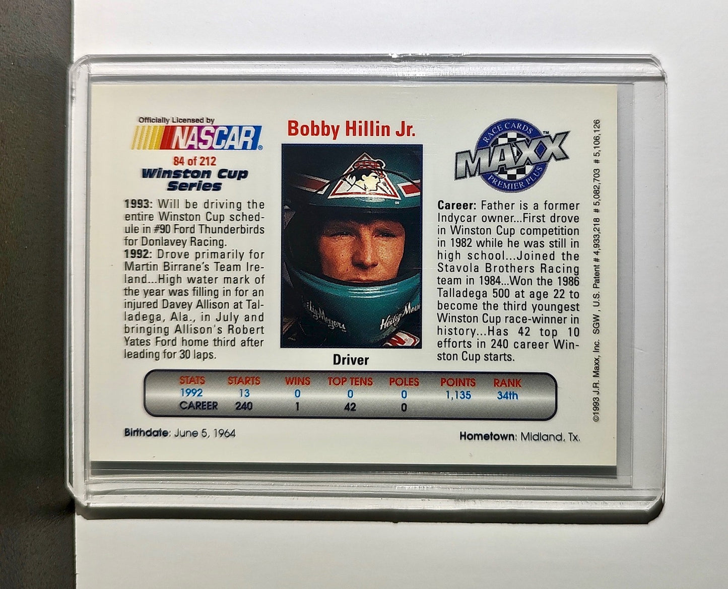 Bobby Hillin Jr. 1993 Maxx Premier Plus Racing #84 NASCAR Card Donlavey Racing