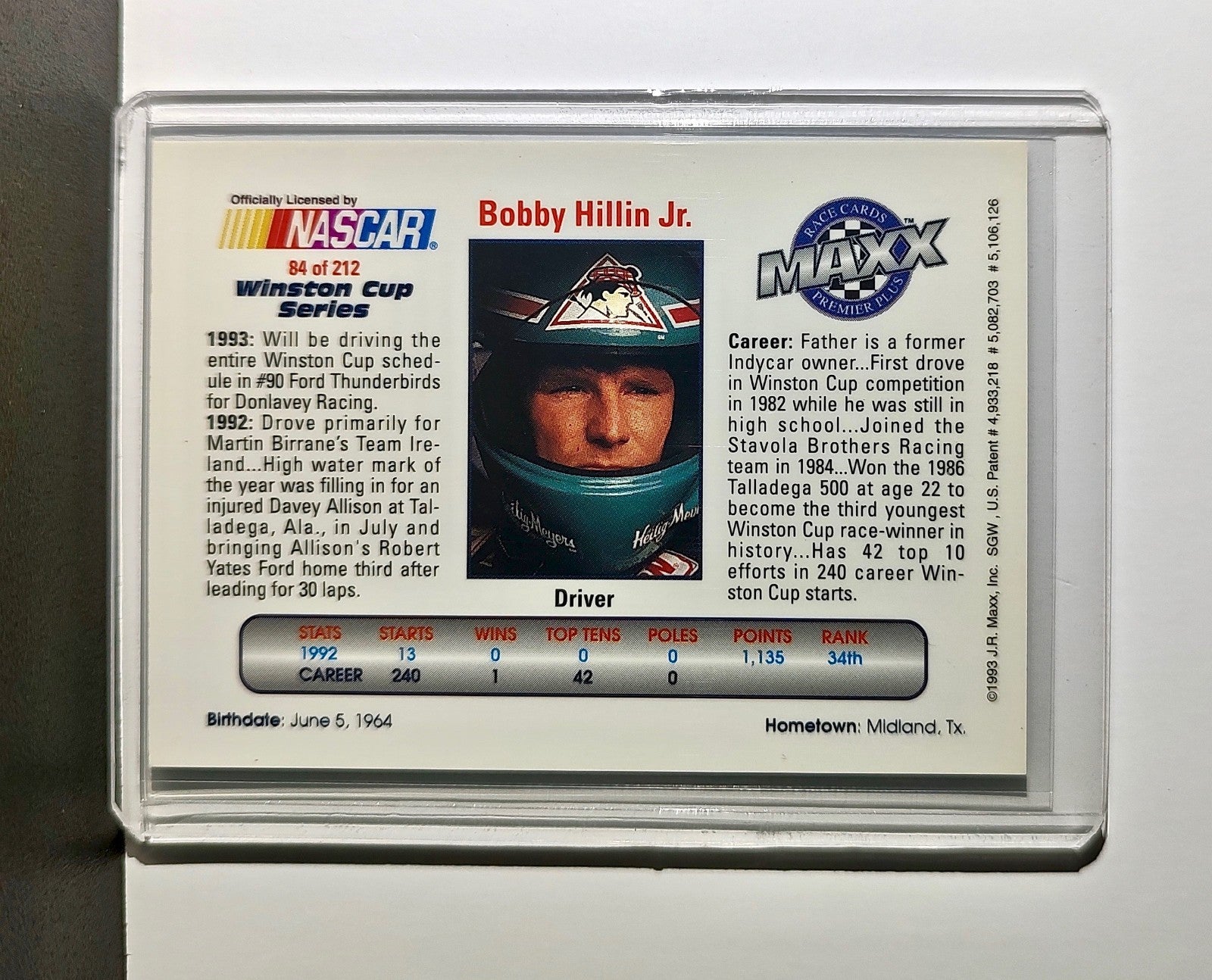 Bobby Hillin Jr. 1993 Maxx Premier Plus Racing #84 NASCAR Card Donlavey Racing