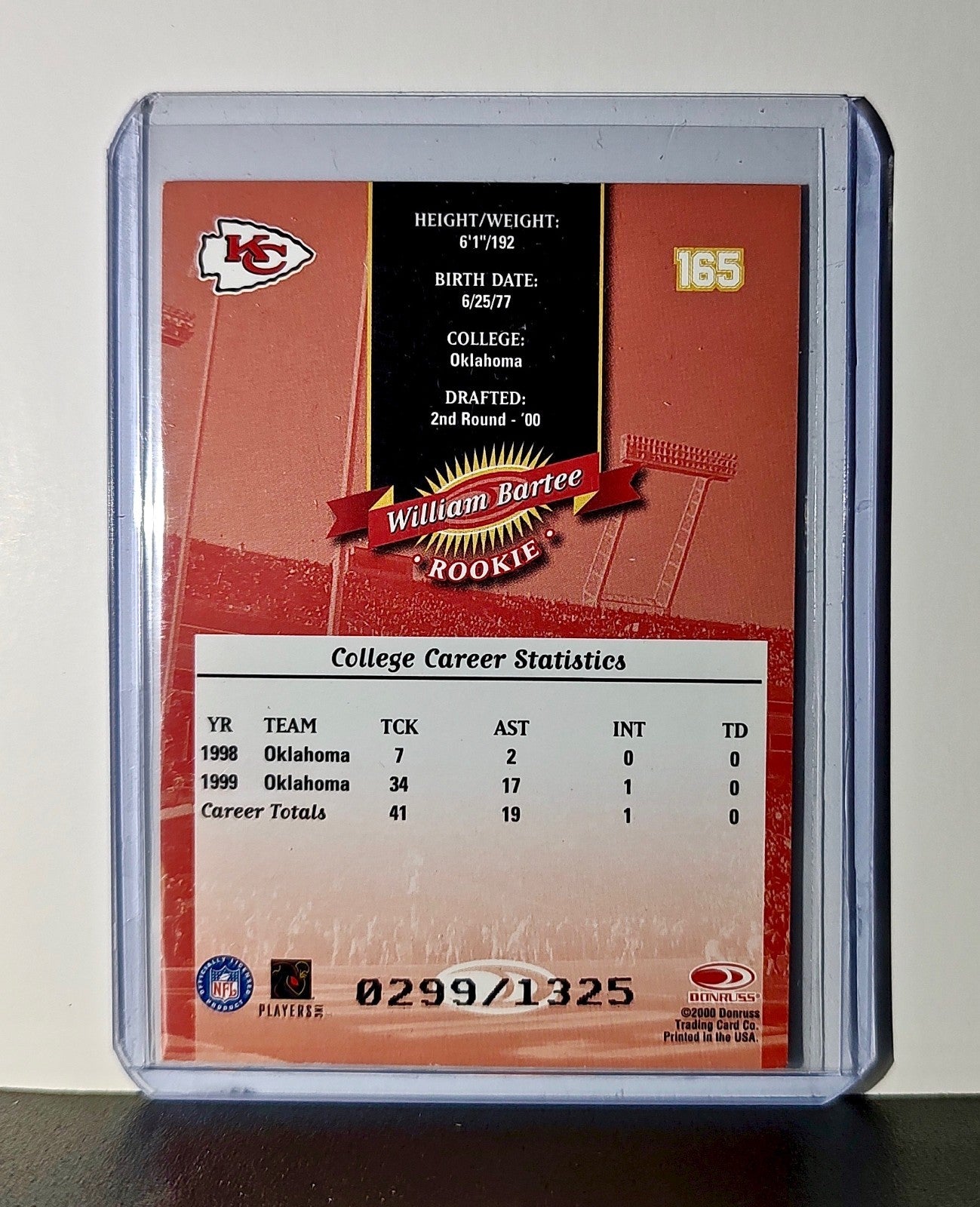 William Bartee Rookie 2000 Donruss NFL #165 Card Kansas City Chiefs