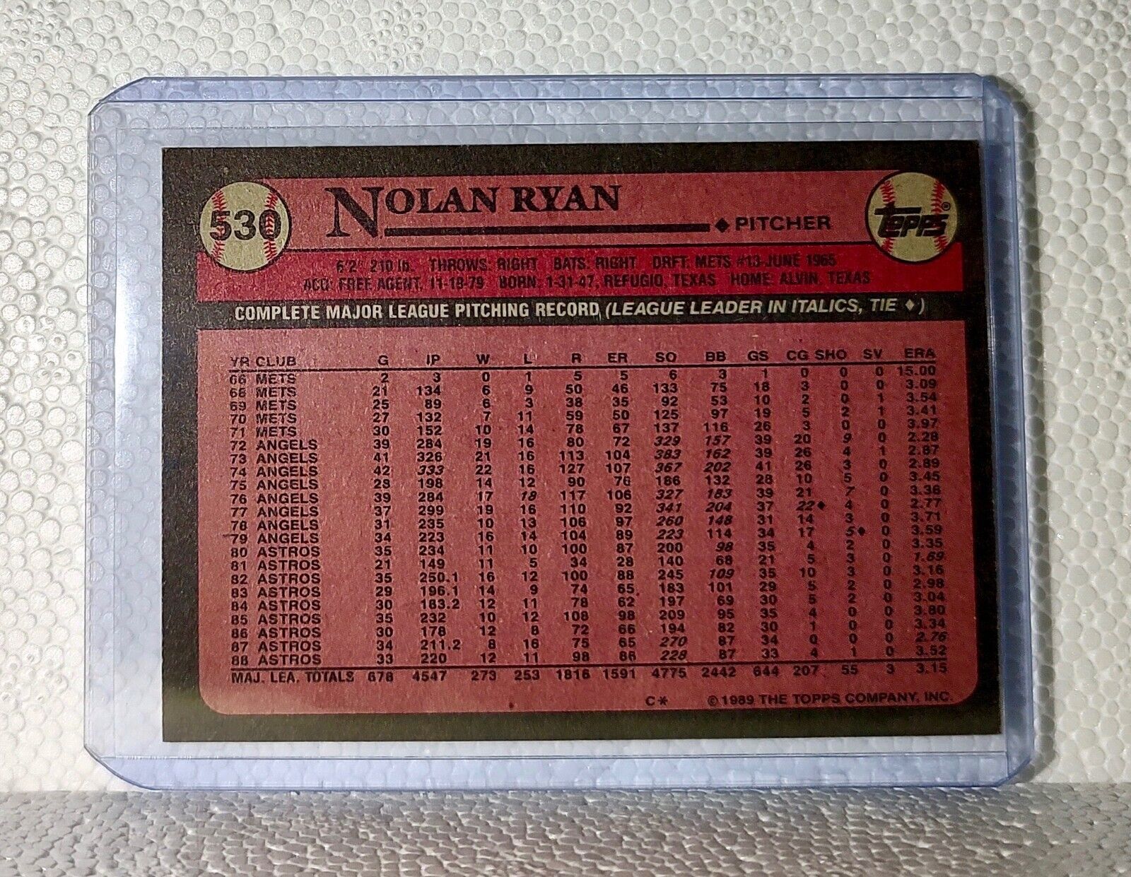 Nolan Ryan 1989 Topps MLB #530 Baseball Card Houston Astros