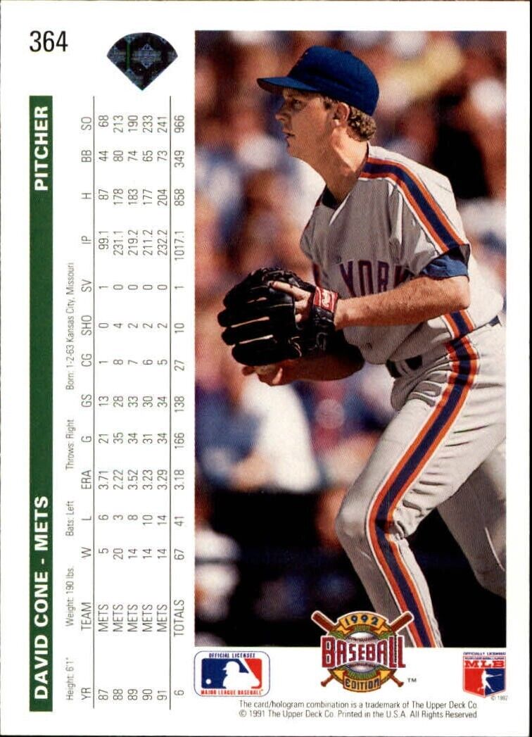 David Cone 1992 Upper Deck MLB #364 Baseball Card New York Mets