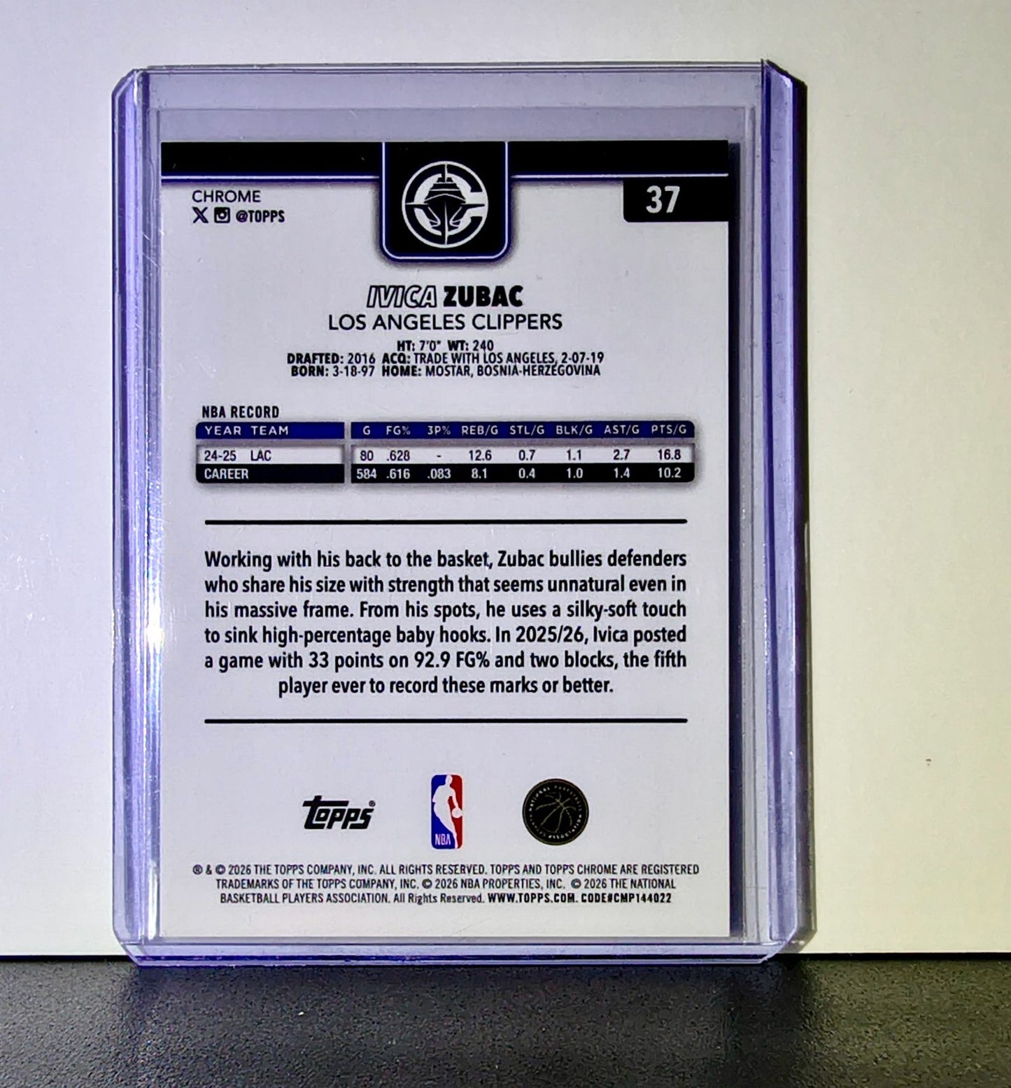 Ivica Zubac 2025-26 NBA Topps Chrome Update RayWave Refractor #37 Card