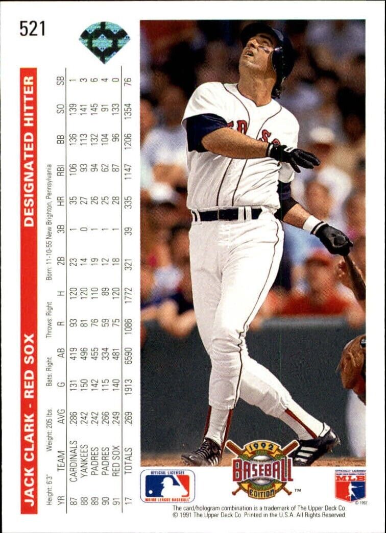Jack Clark 1992 Upper Deck MLB #521 Baseball Card Boston Red Sox