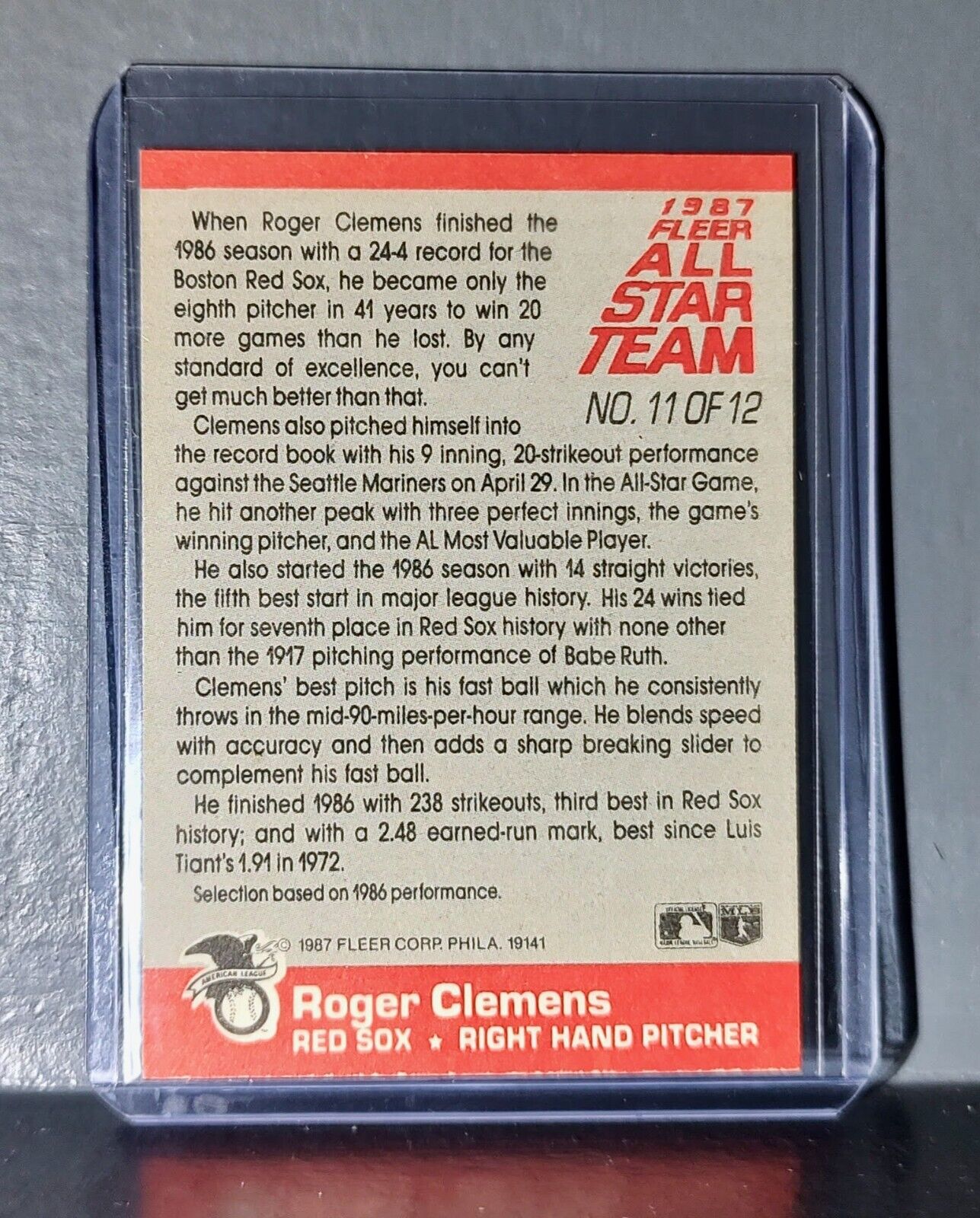 1987 Roger Clemens Fleer All Star Team Baseball Card #11 Red Sox