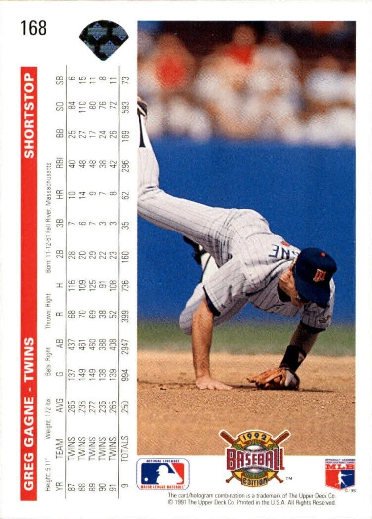 Greg Gagne 1992 Upper Deck MLB #168 Baseball Card Minnesota Twins